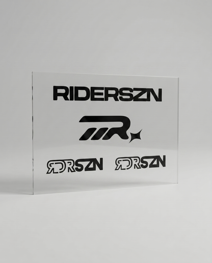 Clear acrylic sheet with black 'RIDERSZN' and RDRSZN logo on a gray background
