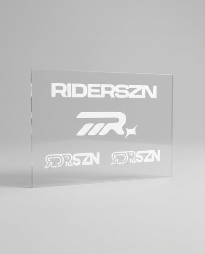 Clear acrylic panel with 'RIDERSZN' logo on a gray background