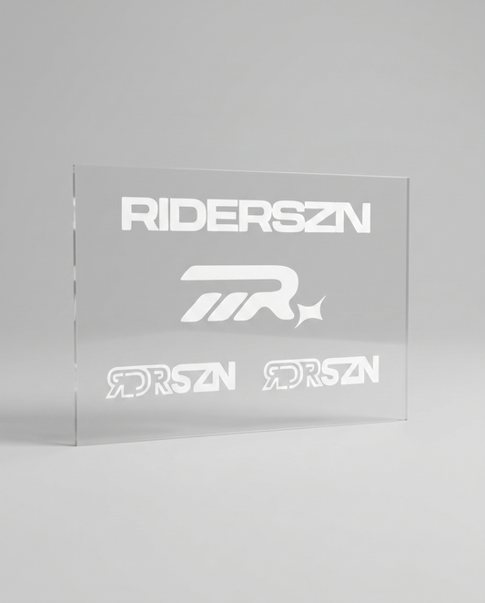 Clear acrylic panel with 'RIDERSZN' logo on a gray background